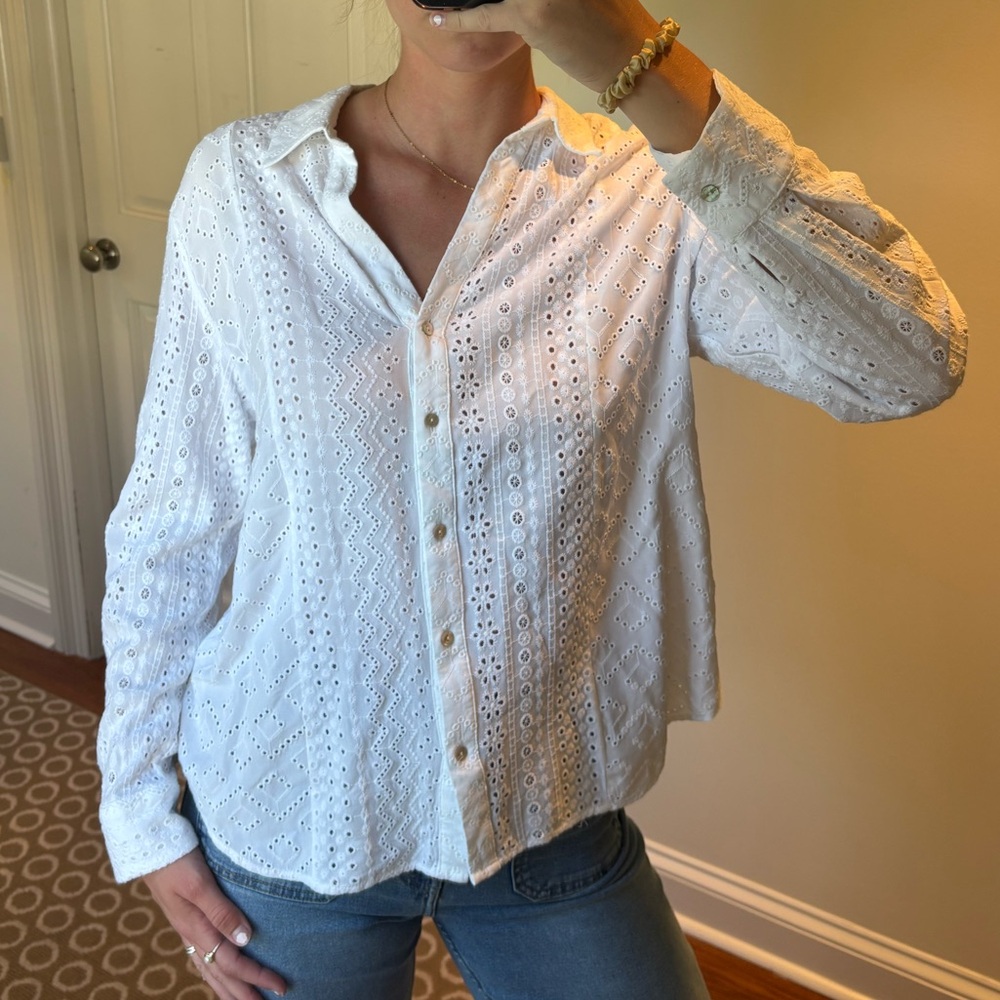White Eyelet Button-Up Blouse